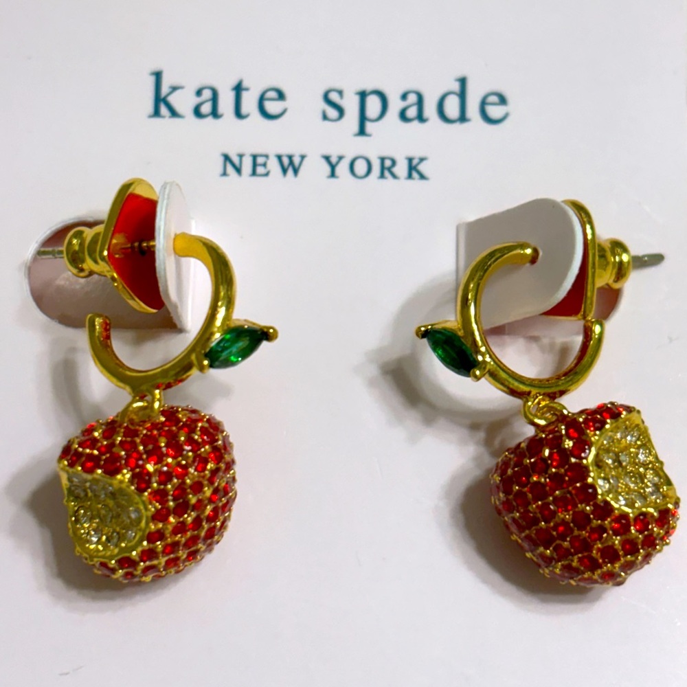 KATE SPADE ♠️ NEW YORK 🍏 Apple Of My Eye Pave Huggie Drop Earrings 🍎 - Picture 3 of 5